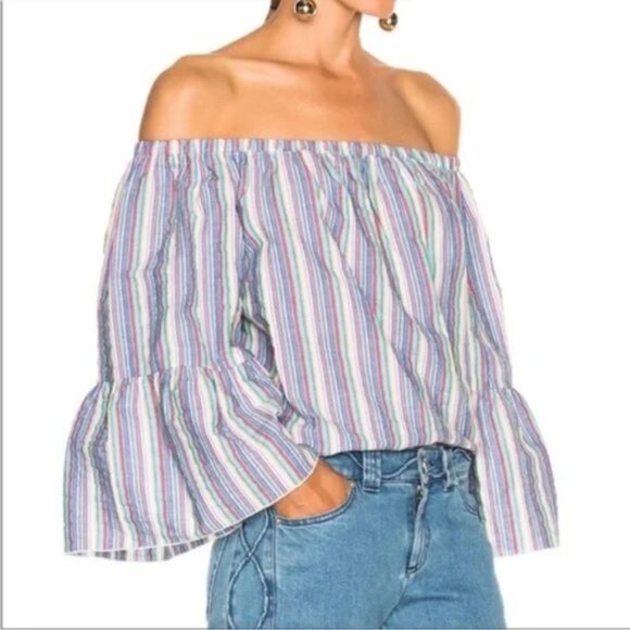 See by Chloe Off the Shoulder Multi Striped Seersucker Top Blouse size 38 M - Picture 4 of 16